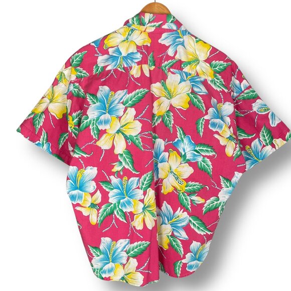 Vintage Hawaiian Shirt Bright Pink Tropical Floral Size Medium Vacation Funky - Picture 2 of 14